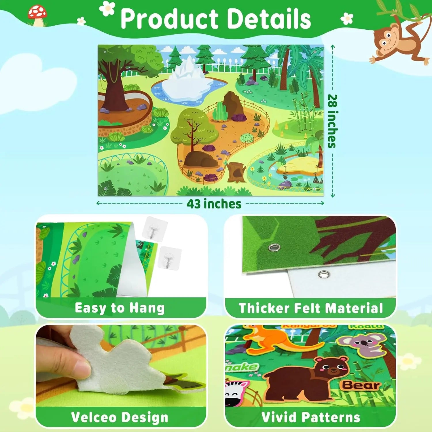 Zoom Animal Felt Story Board Montessori Early Learning Toy Themed Storytelling Flannel Toys Interactive Game Wall Hanging Gifts