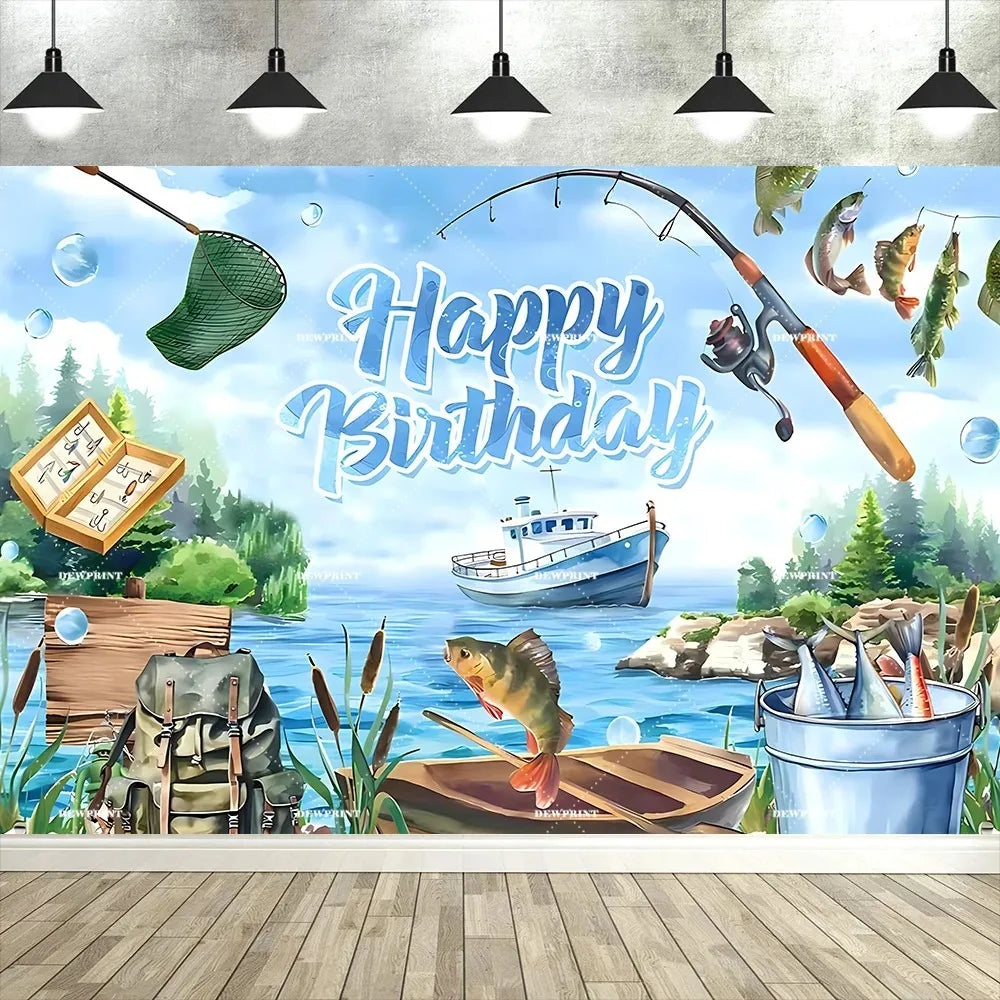 Fishing Themed Birthday Party Decoration Photography Backdrop, Children's and Adults' Birthday Party Banner Photography Backdrop