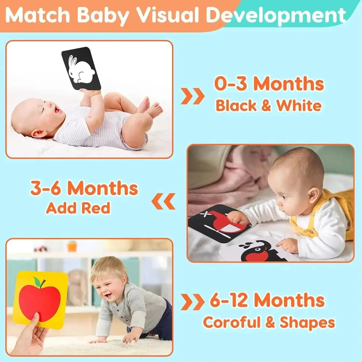 Black and White Baby Book Montessori Baby Toys 0-3 Years Colorful Flashcard High Contrast Visual Book Sensory Toys for Toddler