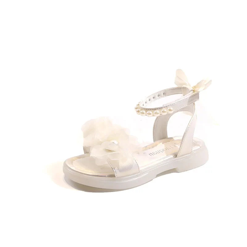 Girls Gladiator Sandals Lace Floral with Pearls Beading Bow-knot on The Back Fashion Princess 2024 Summer New Kids Beach Sandals