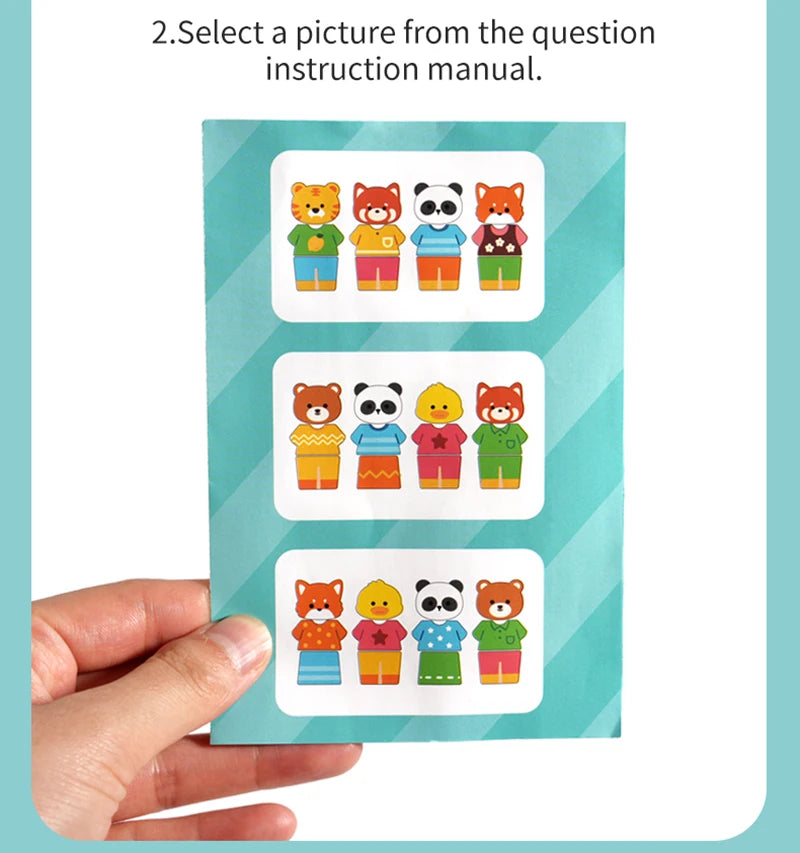 Wooden Children's Animal Changing Clothes Column Pattern Matching Color Recognition Fine Motor Training Game Educational Toys