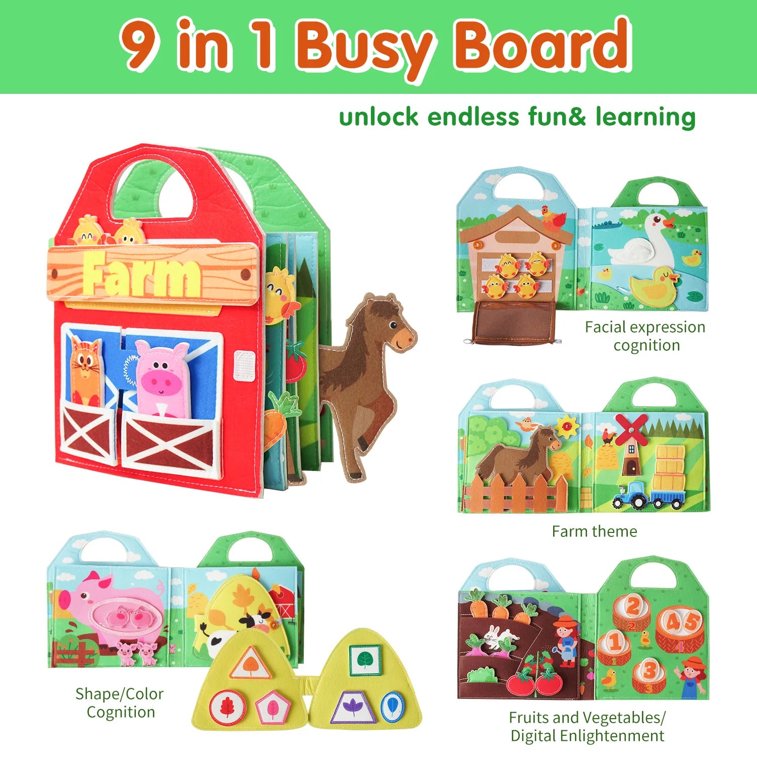 Busy Board 1 Year Old - Farm Animals Quiet Busy Book for Toddlers Aged 1-3-Montessori Toys for Boys and Girls, Learning Activiy