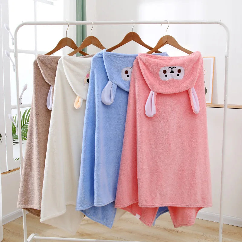 Cartoon Animal Hooded Bath Towel for Kids Coral Fleece Super Absorbent Non Shedding Bathrobe Cape for Toddler Baby