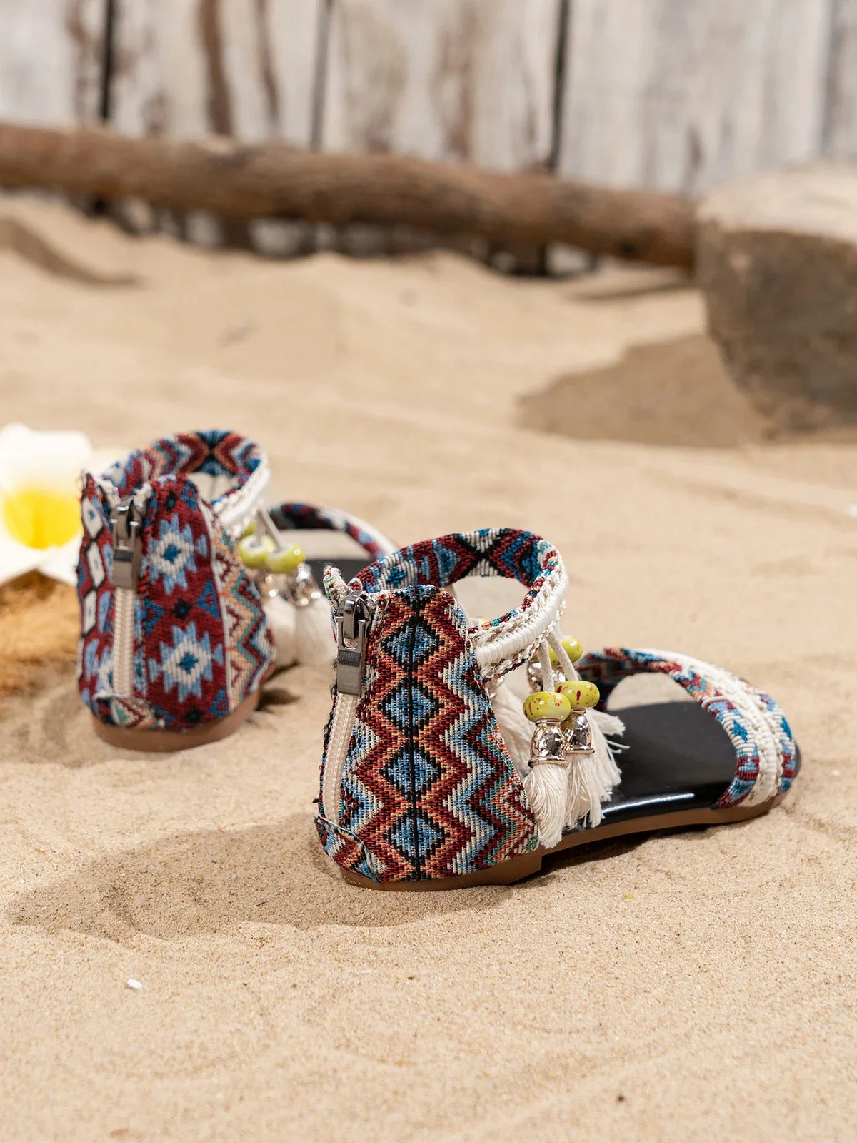 Toddler Beach Sandals - Bohemian Tassel Beaded Girls Summer Shoes Soft Sole for Vacation & Play
