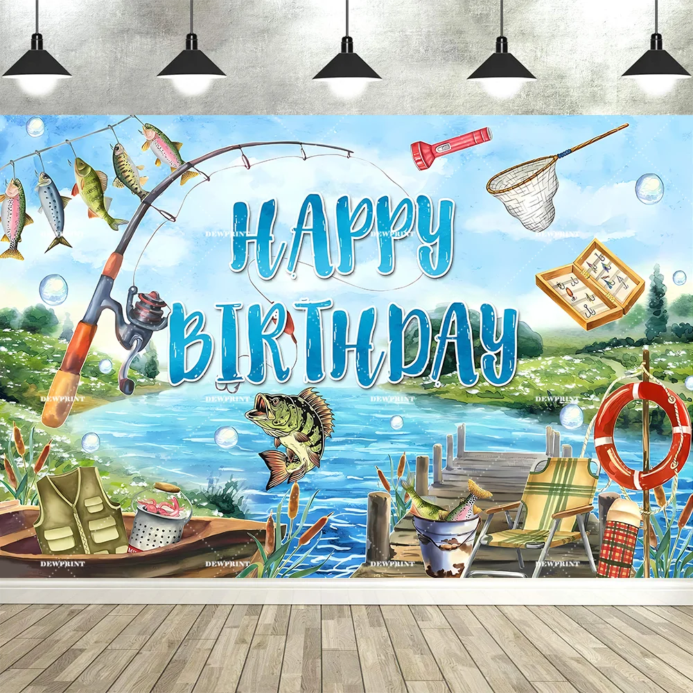 Fishing Themed Birthday Party Decoration Photography Backdrop, Children's and Adults' Birthday Party Banner Photography Backdrop