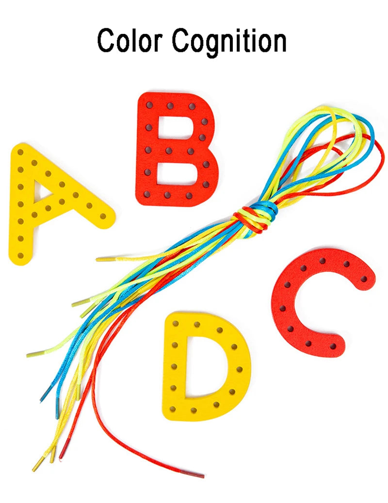 Wooden Number Letter Rope Game Early Education Cognitive Handmade Rope Letter Educational Toys Hand Eye Coordination Training