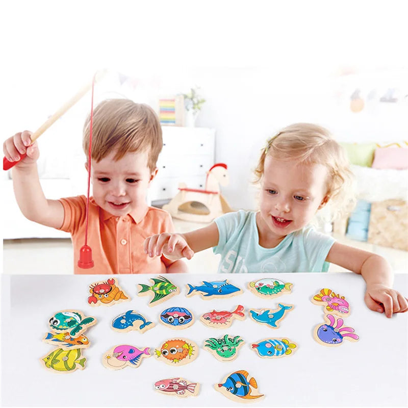 Magnetic Fishing Toys Game Set for Kids Montessori Wooden Cartoon Fishing Rod Educational Toys Birthday Party Toddle Gifts