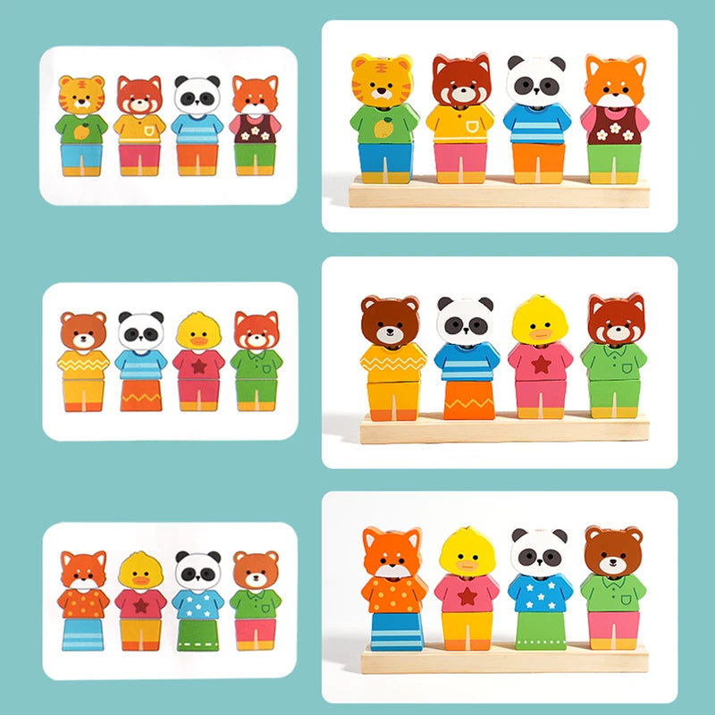 Wooden Children's Animal Changing Clothes Column Pattern Matching Color Recognition Fine Motor Training Game Educational Toys