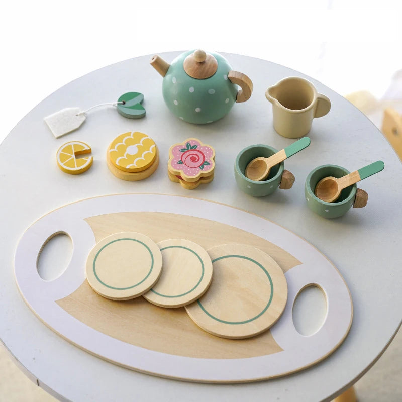 Wooden Pretend Play Kitchen Toys Coffee Machine Mixer Ice Cream Cake Toy Kids Play Food Teapot Cup Tea Set for Boys Girls Gifts
