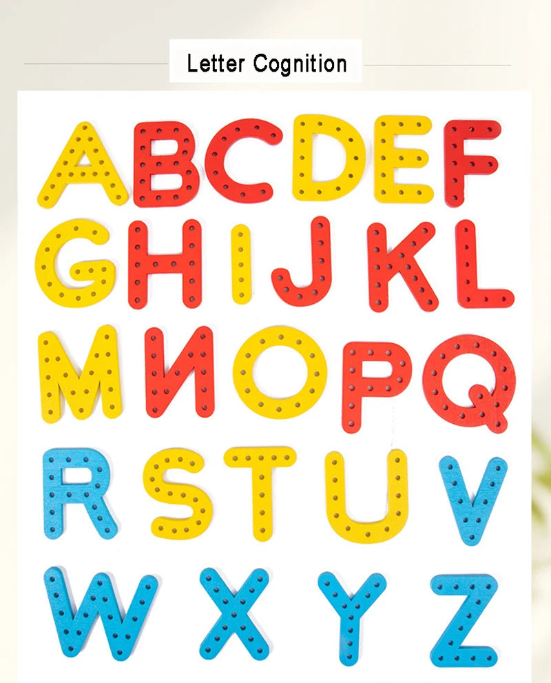 Wooden Number Letter Rope Game Early Education Cognitive Handmade Rope Letter Educational Toys Hand Eye Coordination Training