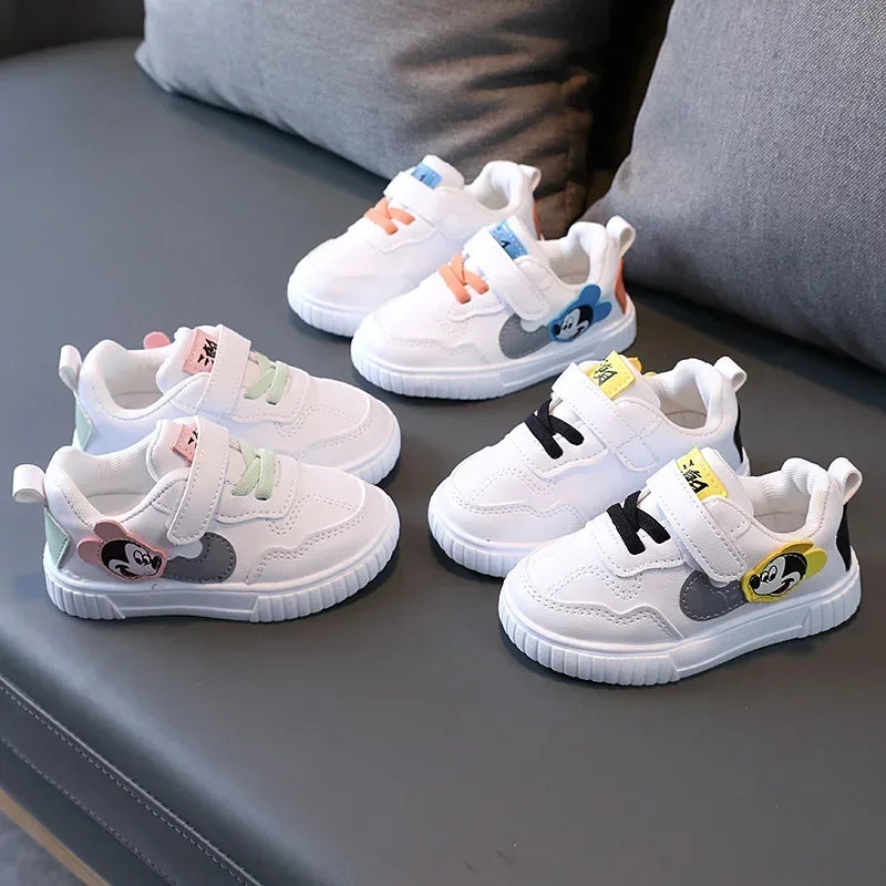 Disney White Casual Shoes For Baby Boy Girl Brand Children Sneaker Mickey Mouse Kids Shoes Toddler Walking Shoes Size 15-25