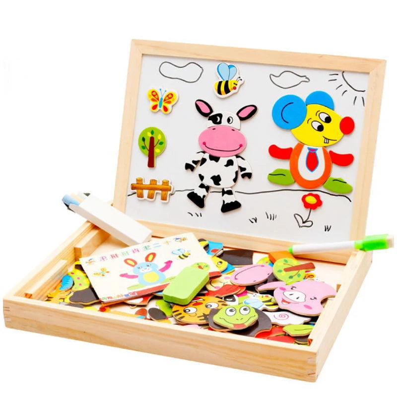 Wooden Multifunction Children Animal Puzzle Writing Magnetic Drawing Board Blackboard Learning Education Toys For Kids