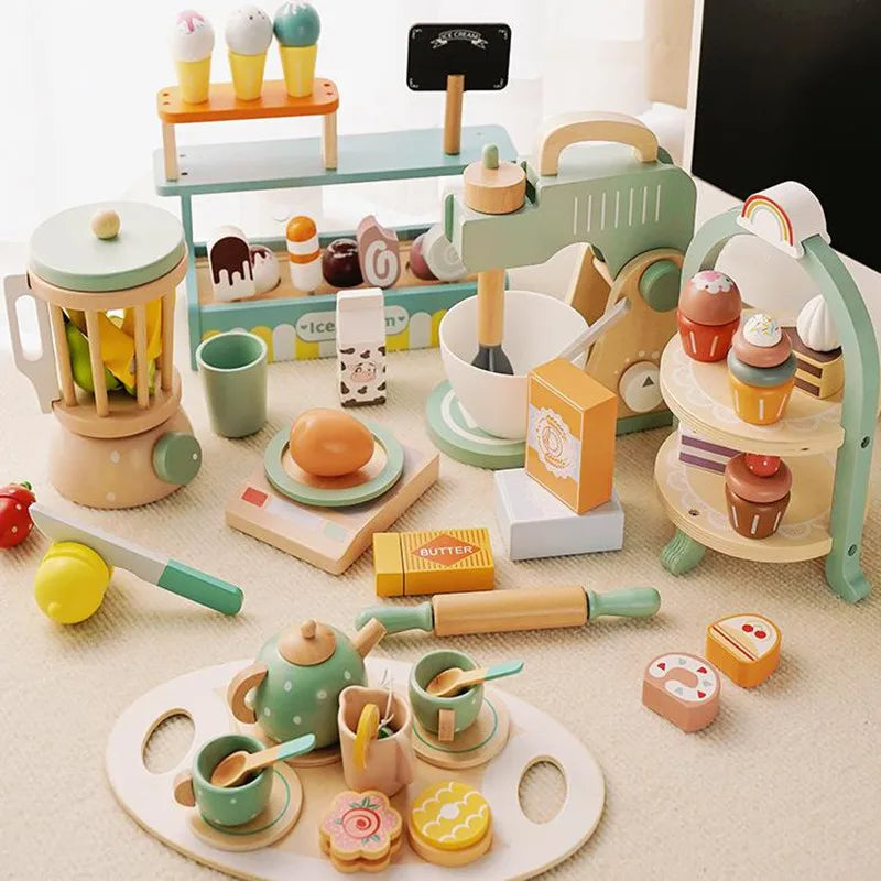Wooden Pretend Play Kitchen Toys Coffee Machine Mixer Ice Cream Cake Toy Kids Play Food Teapot Cup Tea Set for Boys Girls Gifts