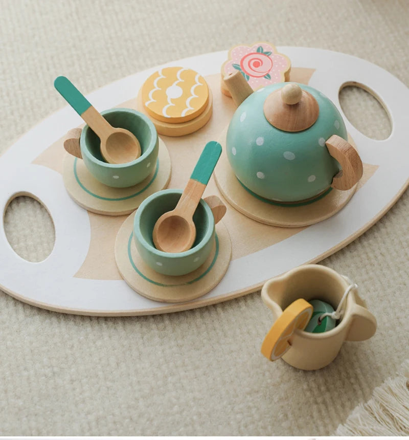 Wooden Afternoon Tea Set Toy Kitchen Accessories Tea Party Food Play Early Educational Toys for Toddlers Girls Boys Kids Gifts