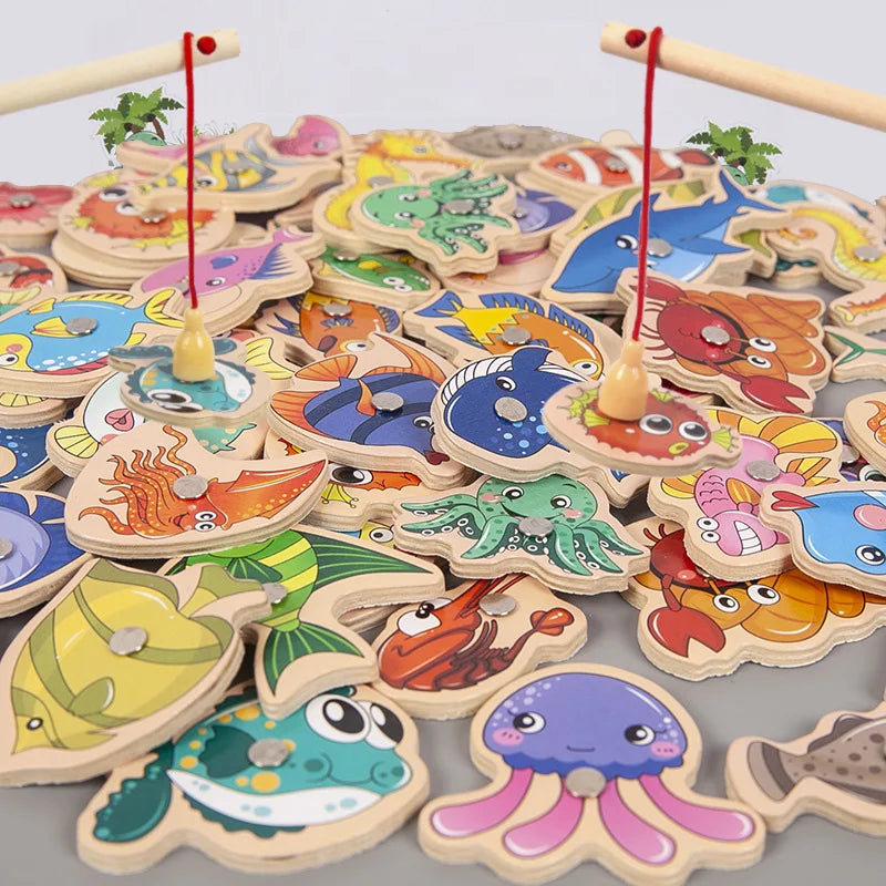 Magnetic Fishing Toys Game Set for Kids Montessori Wooden Cartoon Fishing Rod Educational Toys Birthday Party Toddle Gifts