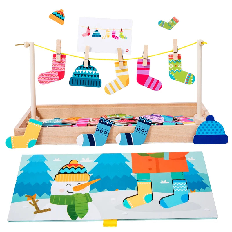 Wooden Fun Sock Drying Puzzle Montessori Toys Bear Change Clothes Jigsaw Puzzle Box Educational Matching Sorting Toys Gifts