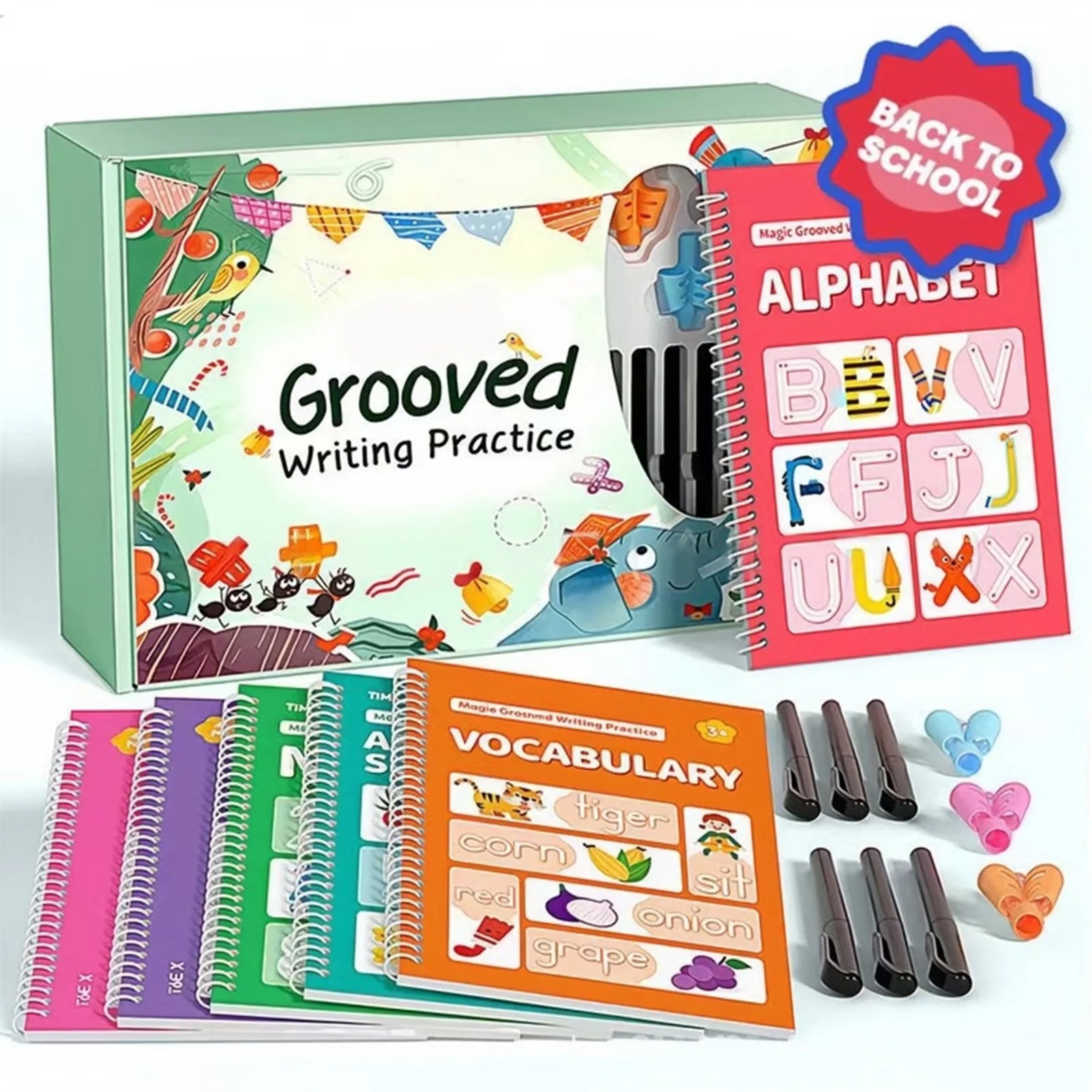 Kids Calligraphy Practice Book with Writing Correction Guide Reusable Handwriting Book with 6 Erasable Pens and 3 Grips