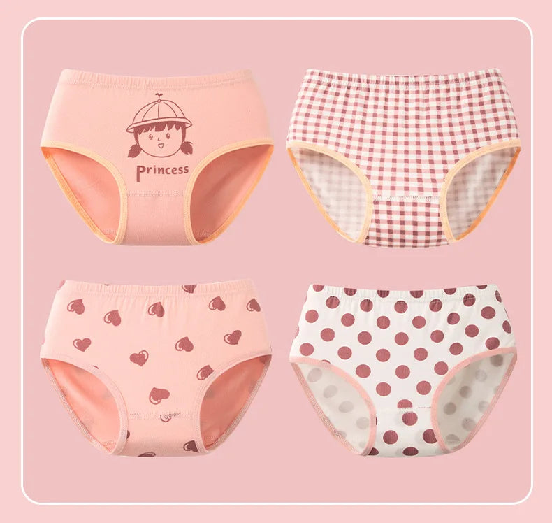 4Pcs Girls Cotton Panties Kid Breathable Soft Pretty Cartoon Briefs Young Children Underwears Toddler Antibacterial Knickers