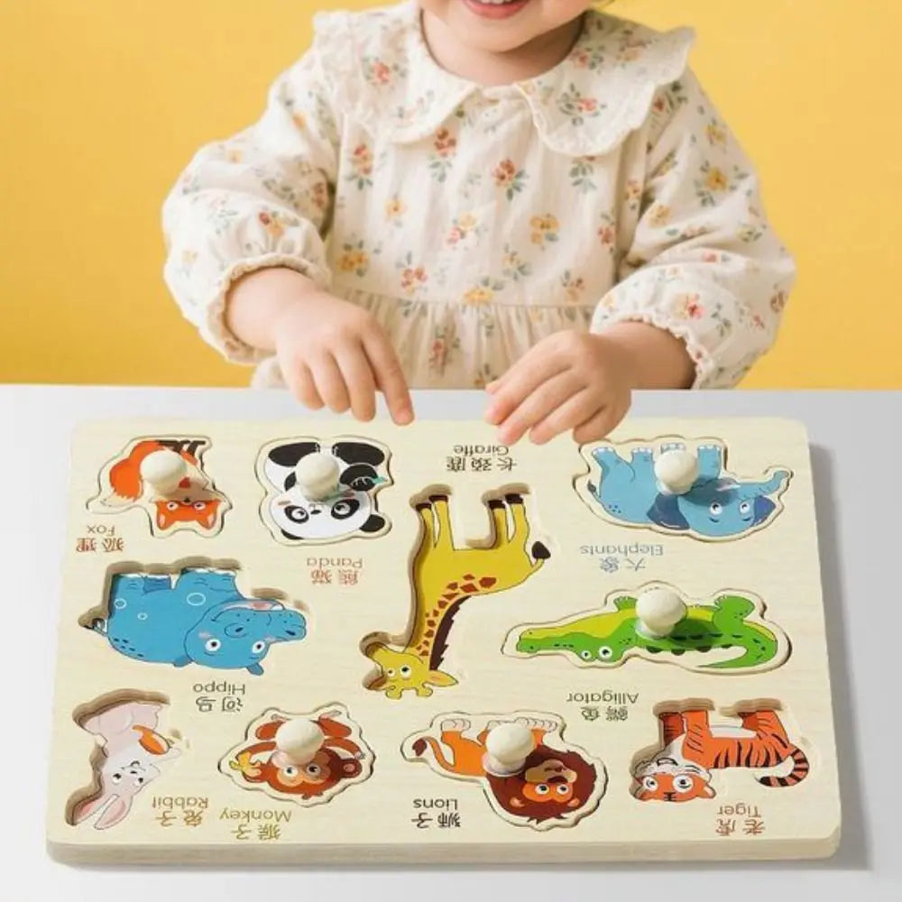 Montessori Hand Grab Boards Toys Cartoon Shape Matching Tangram Jigsaw Game Multifunction Creative Wooden Puzzle Toys Kids