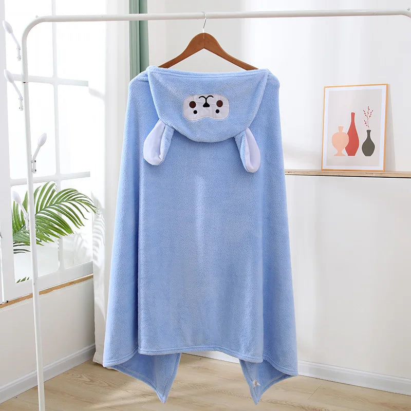 Cartoon Animal Hooded Bath Towel for Kids Coral Fleece Super Absorbent Non Shedding Bathrobe Cape for Toddler Baby
