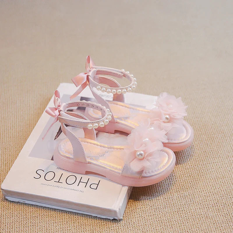 Girls Gladiator Sandals Lace Floral with Pearls Beading Bow-knot on The Back Fashion Princess 2024 Summer New Kids Beach Sandals