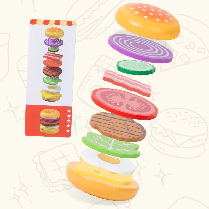 Montessori Wooden Hamburger Pretend Play Toy Educational Simulation Food Matching Stacking Game with Cards for Kids 2 Years Gift