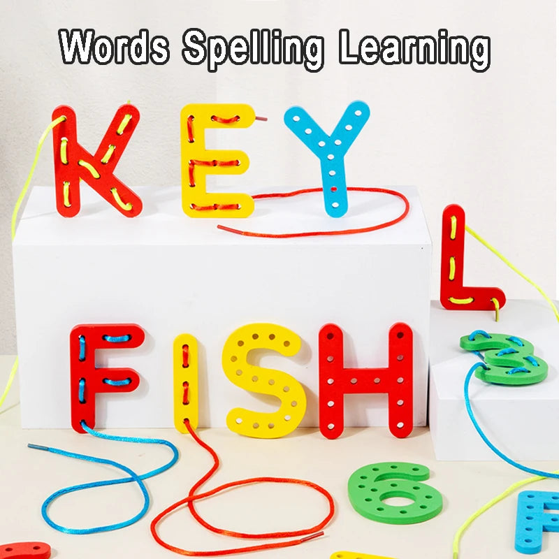 Wooden Number Letter Rope Game Early Education Cognitive Handmade Rope Letter Educational Toys Hand Eye Coordination Training