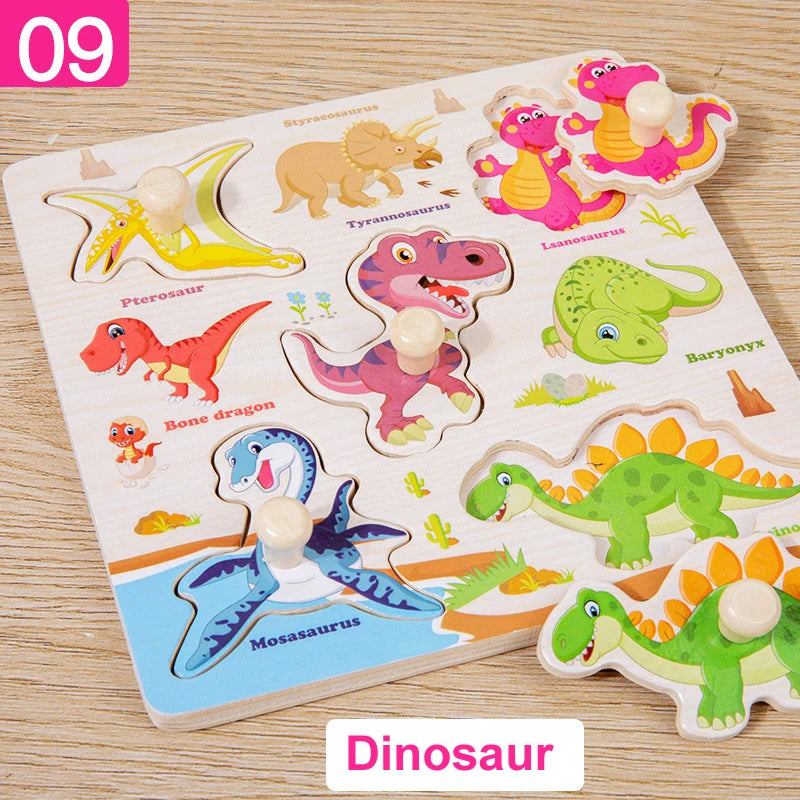 Wooden Puzzle Montessori Toys for Kids Cartoon Animal Traffic Hand Grab Boards Early Learning Educational Toys for Children