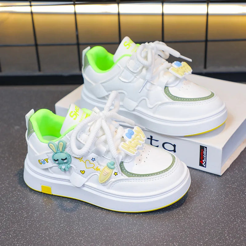 Kids Sports Shoes Girls Breathable Cartoon Sneakers 2025 Spring Autumn New White Shoes Soft Sole Leather Casual Shoes
