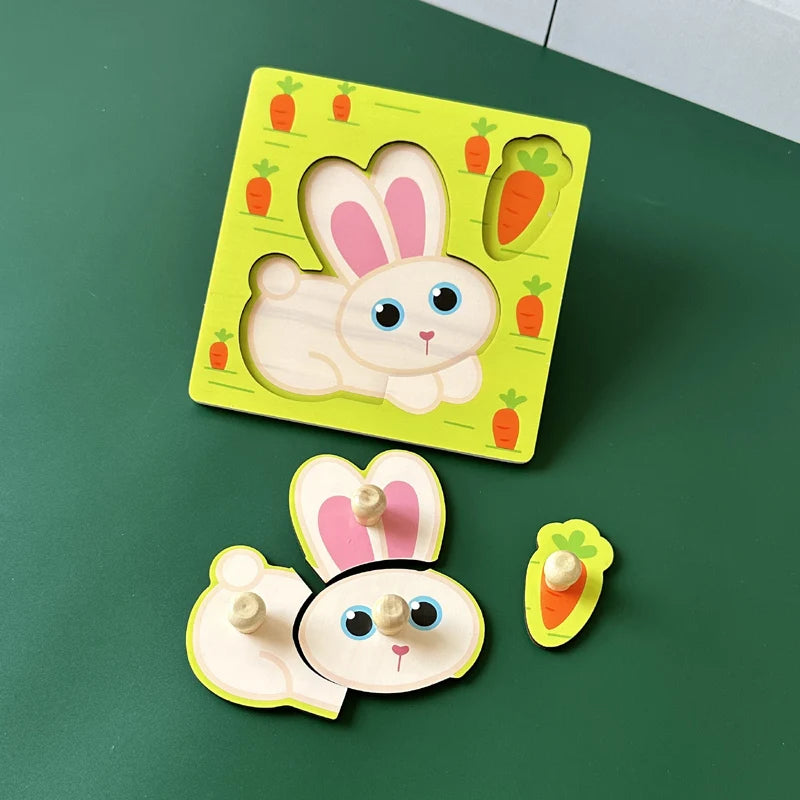 Baby Toys Montessori Wooden Puzzles Hand Grab Boards Toys Kids Early Learning Educational Cartoon Animal Fruit Vehicle Cognitive