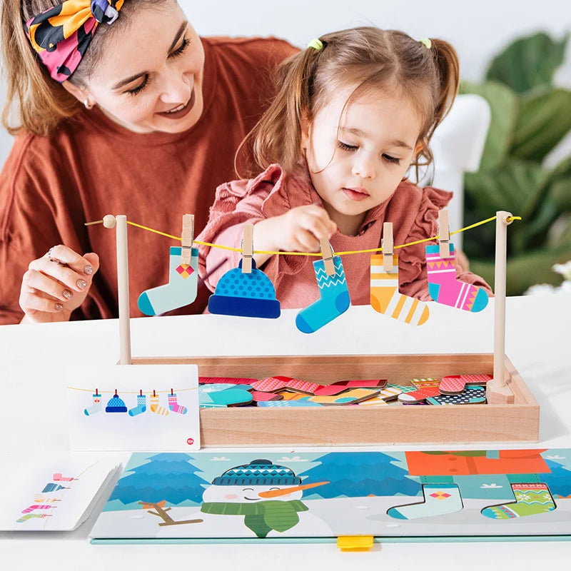 Wooden Fun Sock Drying Puzzle Montessori Toys Bear Change Clothes Jigsaw Puzzle Box Educational Matching Sorting Toys Gifts