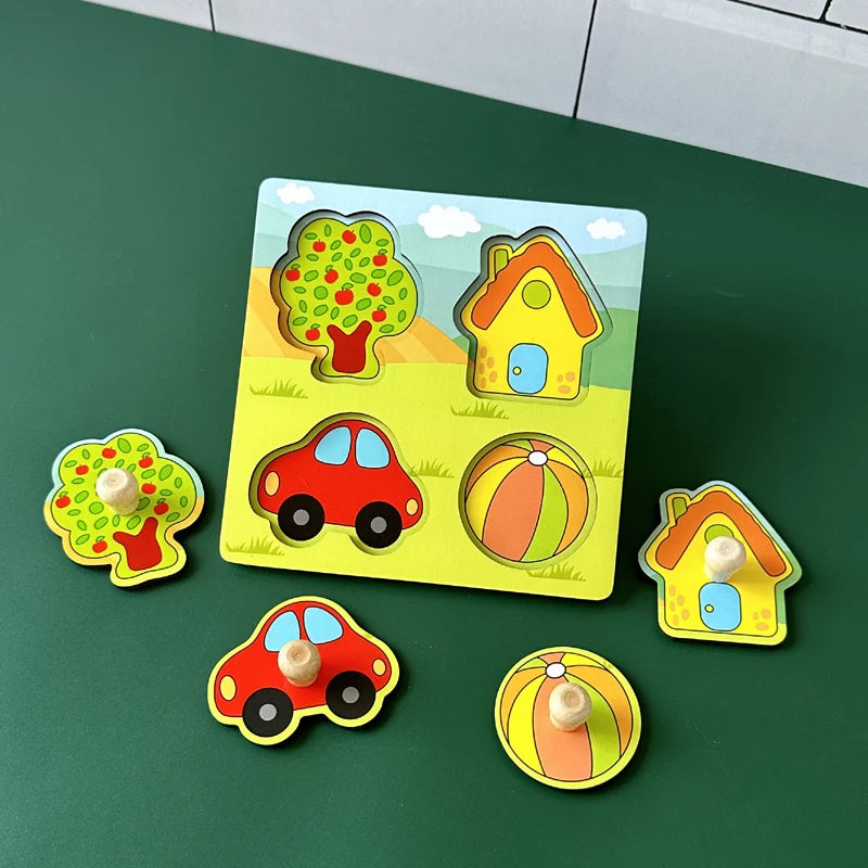 Baby Toys Montessori Wooden Puzzles Hand Grab Boards Toys Kids Early Learning Educational Cartoon Animal Fruit Vehicle Cognitive