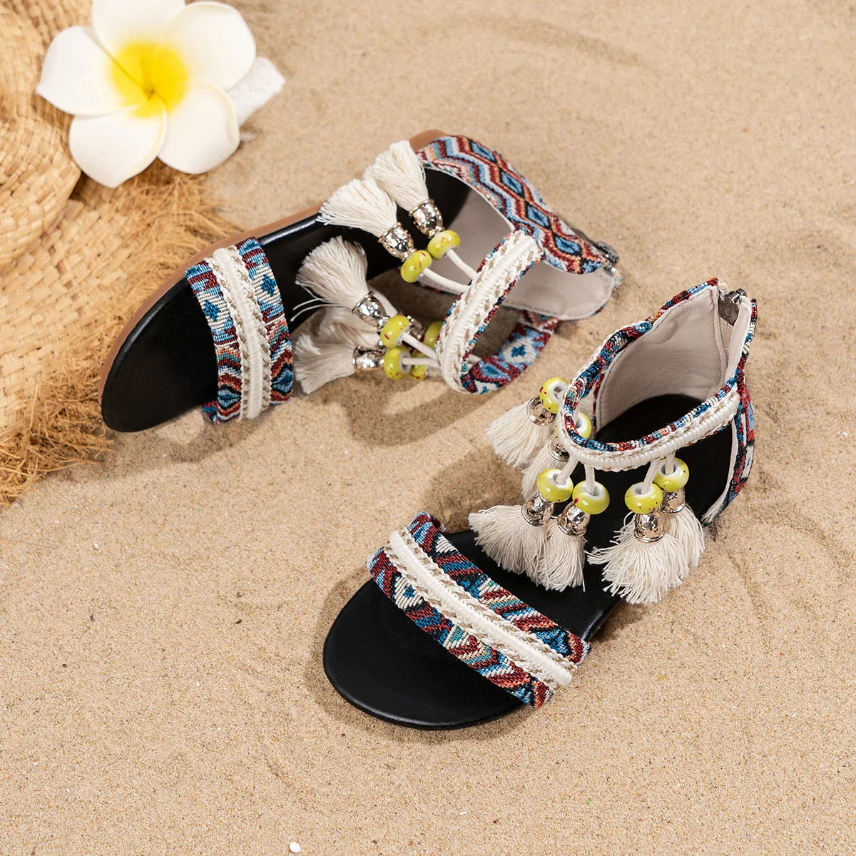 Toddler Beach Sandals - Bohemian Tassel Beaded Girls Summer Shoes Soft Sole for Vacation & Play