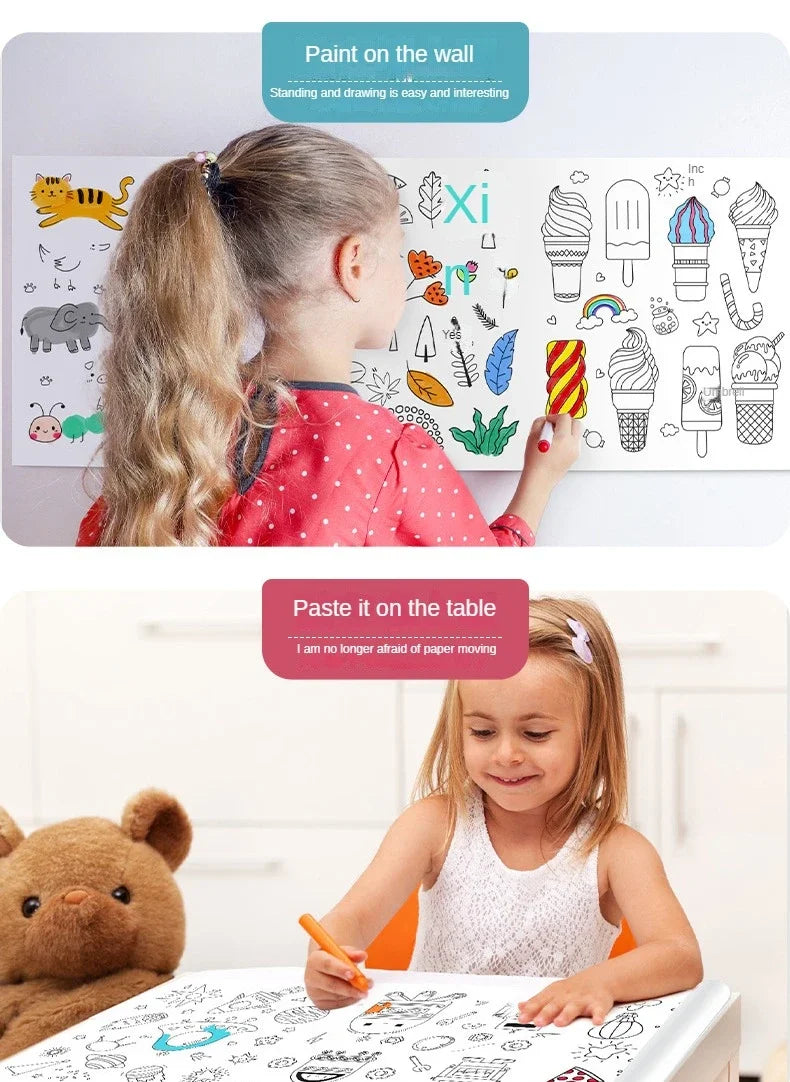 Kids Coloring Paper Roll Sticky DIY Drawing Graffiti Art Color Filling Educational Toys for Children Wall Floor Painting Gifts