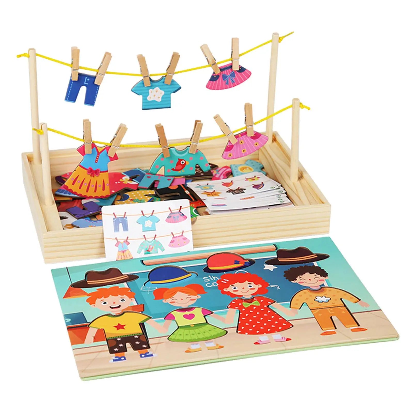 Wooden Dress up Puzzles Matching Game Drying Clothes Early Educational Montessori Toy Kids Puzzle Set for Children Boys Girls