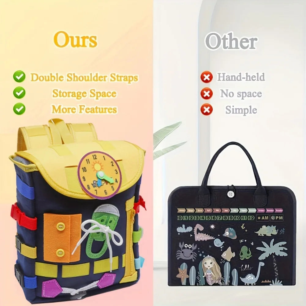 Develop Fine Motor Skills & Basic Life Skills with Busy Board Toddler Backpack - Learn To Tie Shoes & More Christmas Gifts