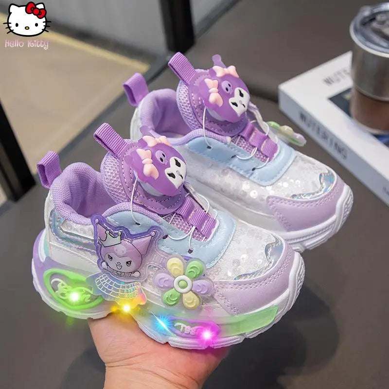 Sanrio Kuromi Autumn Girls Anime New Sneakers Children's Kawaii Cartoon Princess Shoes Breathable Rotary Button Luminous Shoes