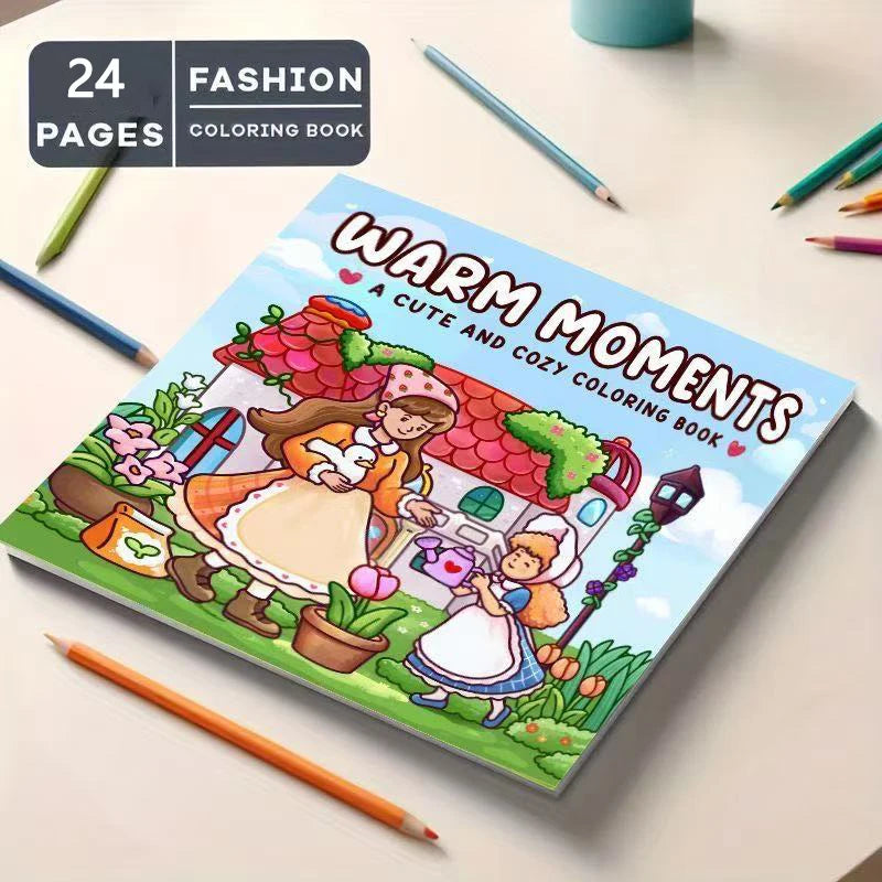 24 Page Fun Coloring Book, Warm Moments for Girls, Creative Entertainment, Fantasy Illustrations, Hand Drawn Art Drawing Book