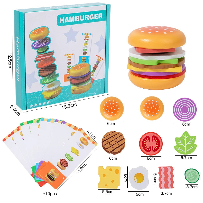 Montessori Wooden Hamburger Pretend Play Toy Educational Simulation Food Matching Stacking Game with Cards for Kids 2 Years Gift