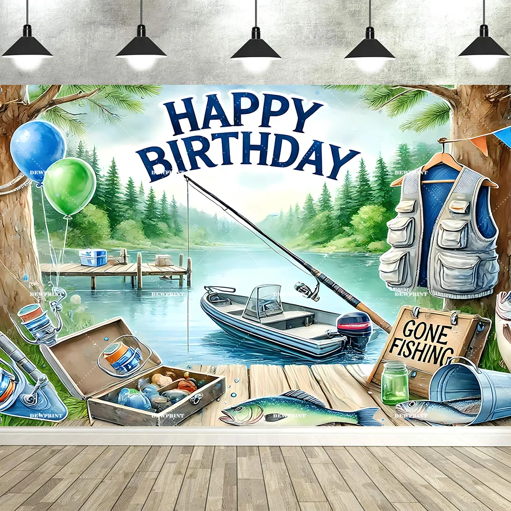 Fishing Themed Birthday Party Decoration Photography Backdrop, Children's and Adults' Birthday Party Banner Photography Backdrop