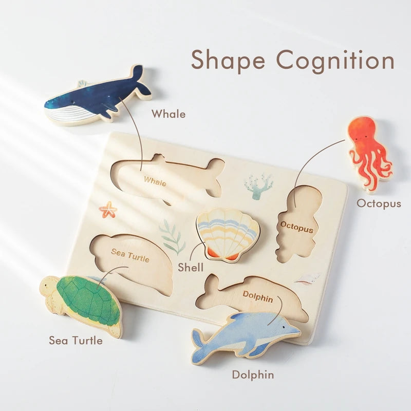 Wooden Puzzle Montessori Toys Baby Cartoon Ocean Animal Colorful Learning Education Block Toys Tangram Jigzaw Cognitive Kid Gift