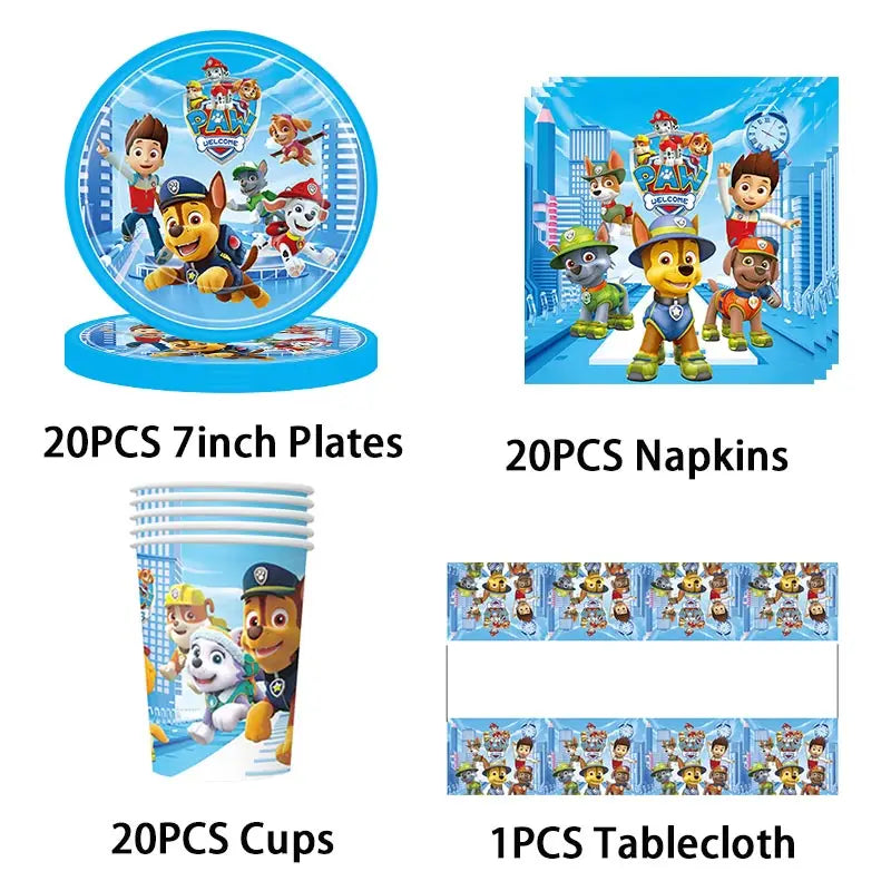 Paw Patrol Birthday Decorations Paw Patrol Tableware Plates Cups Balloons Banner Backdrop Cake Toppers Gift Bags Party Supplies