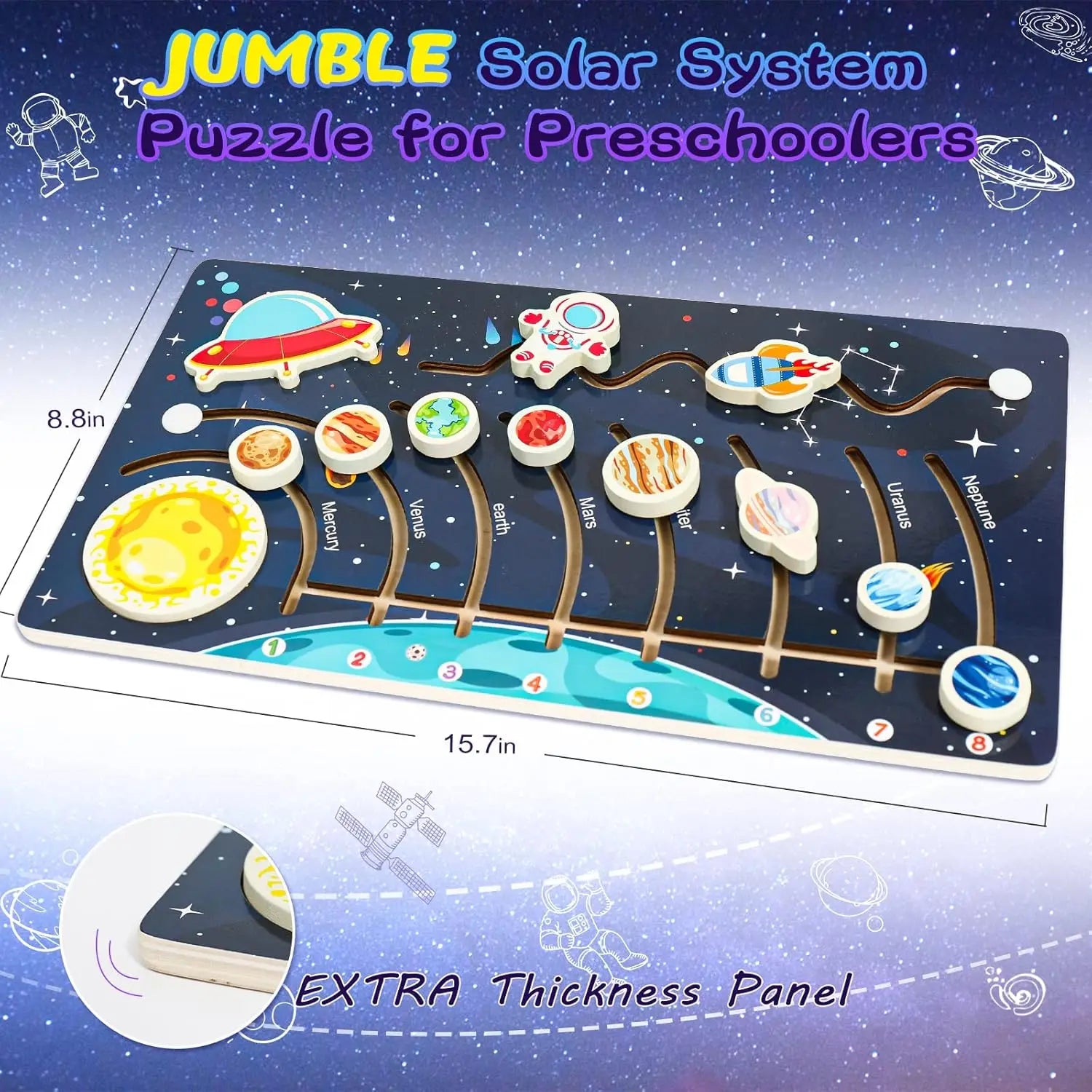 Movable Solar System Puzzle for Kids Boys 3-6 Years Wooden Space Toys Planets for Kids Space Planetary Science Educational Toys