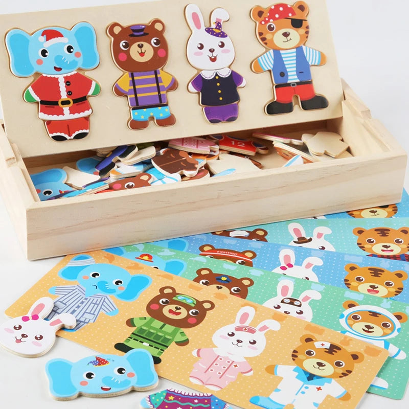 Little Bear Change Clothes Montessori Kids Early Education Wooden Jigsaw Puzzle Dressing Game Baby Puzzle Toys For Children Gift