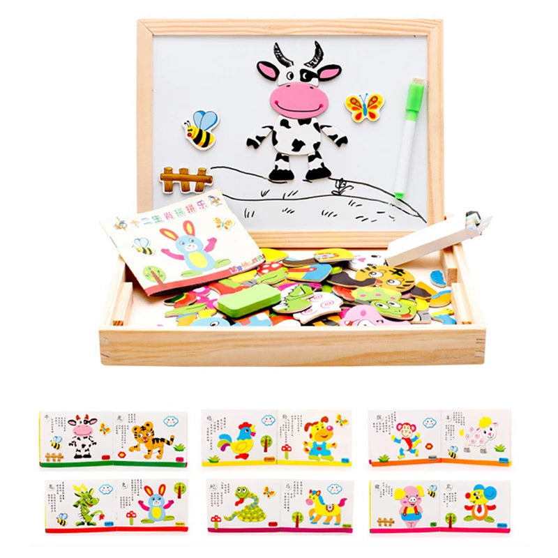Wooden Multifunction Children Animal Puzzle Writing Magnetic Drawing Board Blackboard Learning Education Toys For Kids
