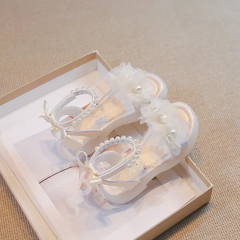 Girls Gladiator Sandals Lace Floral with Pearls Beading Bow-knot on The Back Fashion Princess 2024 Summer New Kids Beach Sandals