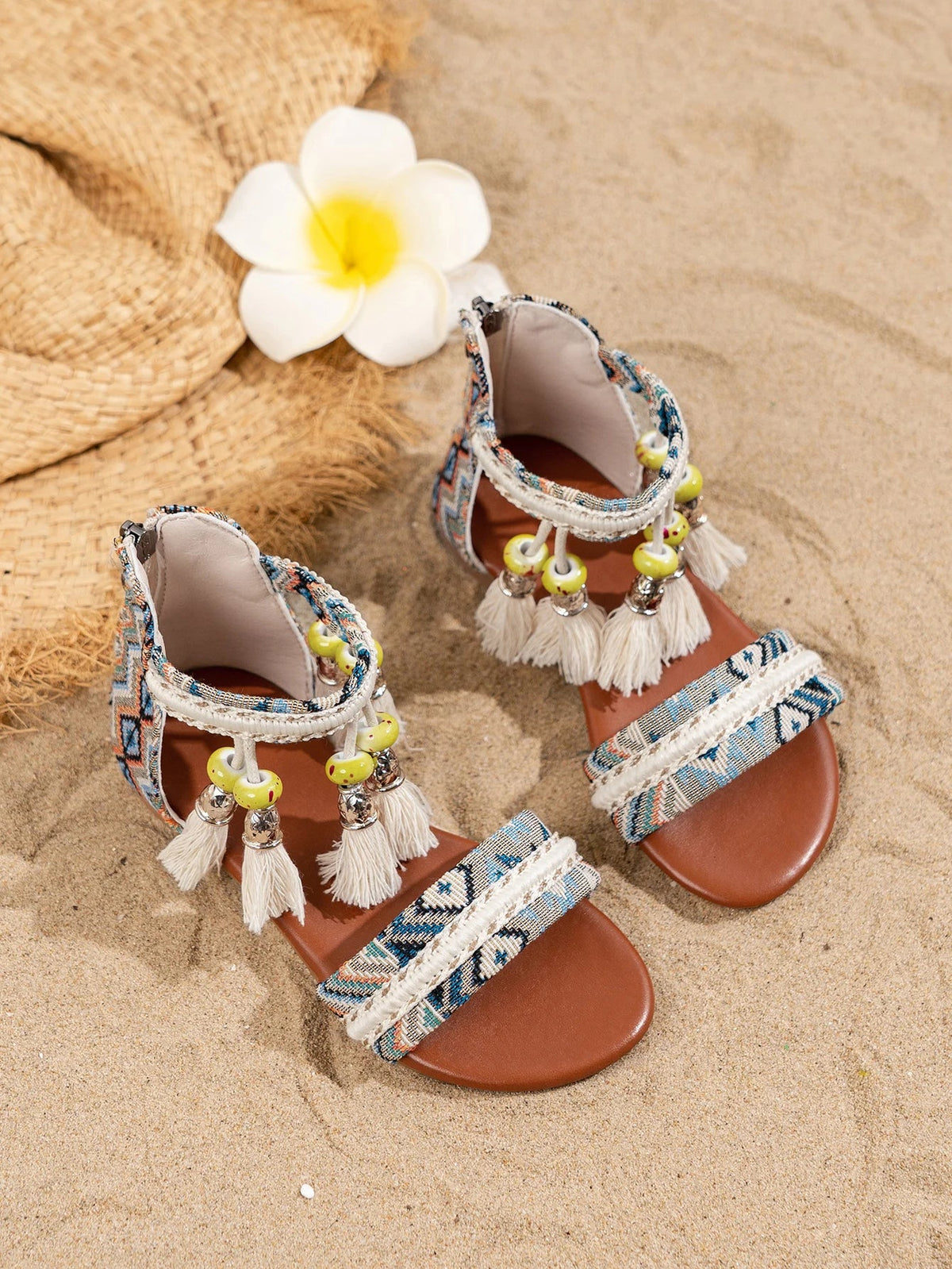 Toddler Beach Sandals - Bohemian Tassel Beaded Girls Summer Shoes Soft Sole for Vacation & Play