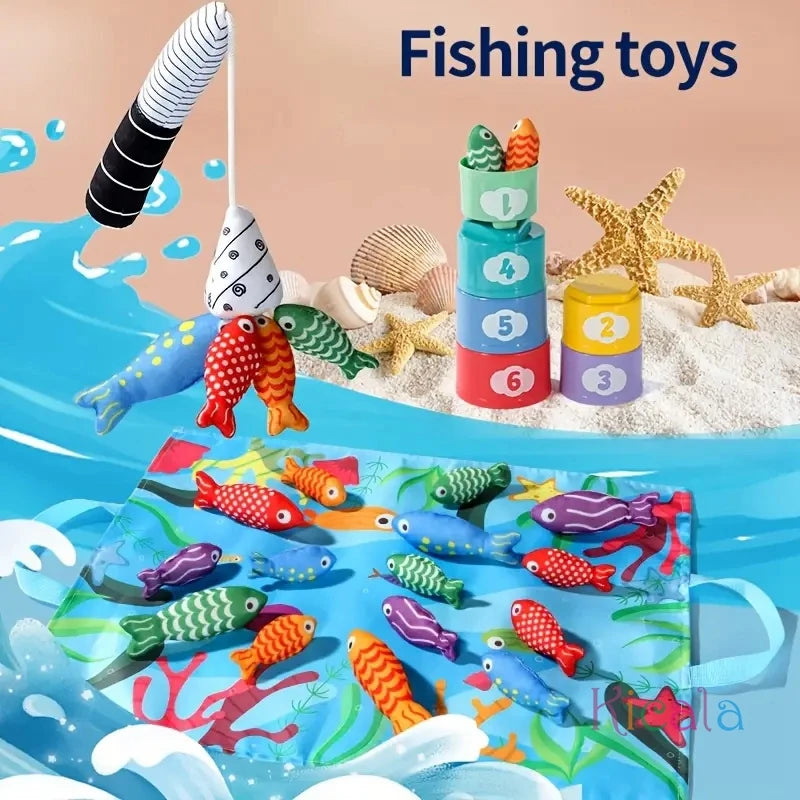 Montessori Fish Toys Cloth Fishing Game for Toddlers 6 to 12 Months Sensory Toy Stacking Cups Number Counting Color Sorting Gift