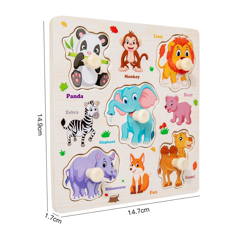 Wooden Puzzle Montessori Toys for Kids Cartoon Animal Traffic Hand Grab Boards Early Learning Educational Toys for Children