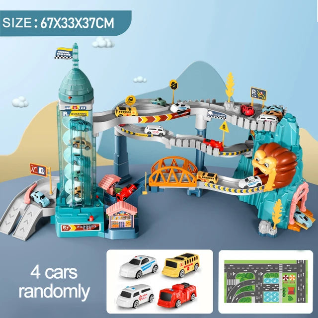 Electric Rail Car Dinosaur Building Parking Lot Adventure Racing Rail Car Toys Children Brain Mechanical Interactive Rail Cars